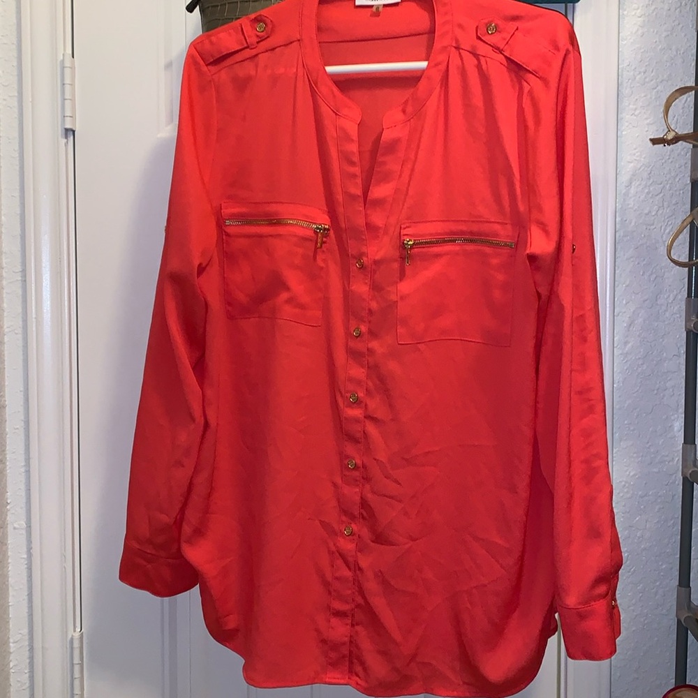 Calvin Klein bright coral button up blouse zippers front pockets should acccents